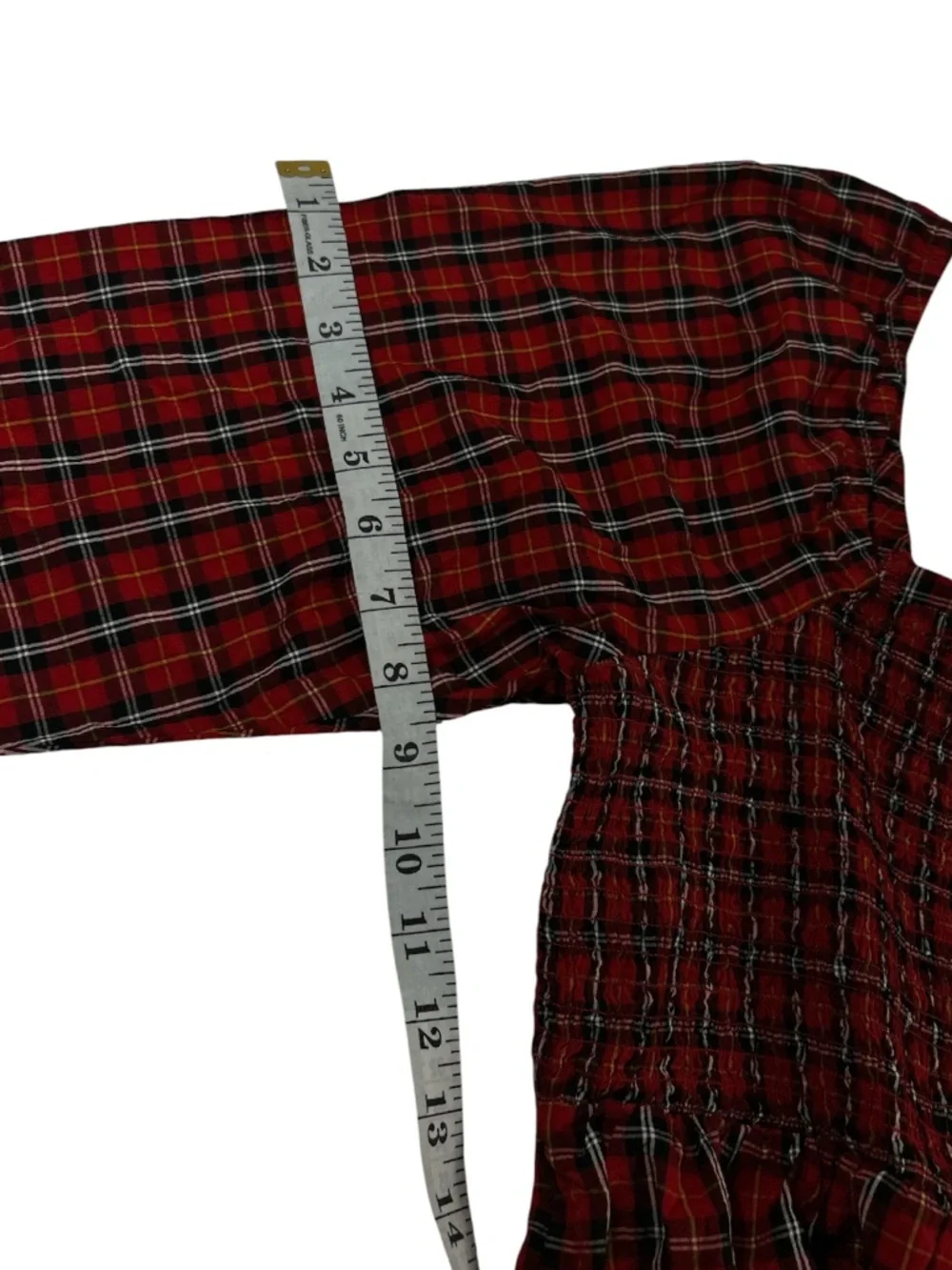 Old Navy Red Plaid Smocked Puff Sleeve Peplum Top Size L